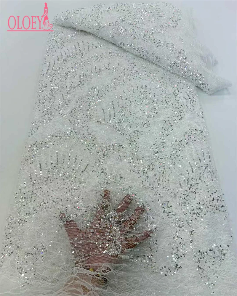 OLOEY Kain Renda Jala Afrika Nigeria Berkualitas Tinggi Dengan Payet Buatan Tangan Kain Renda Berhias Manik-Manik Berat Untuk Gaun Pesta Manik-Manik 5 Yard