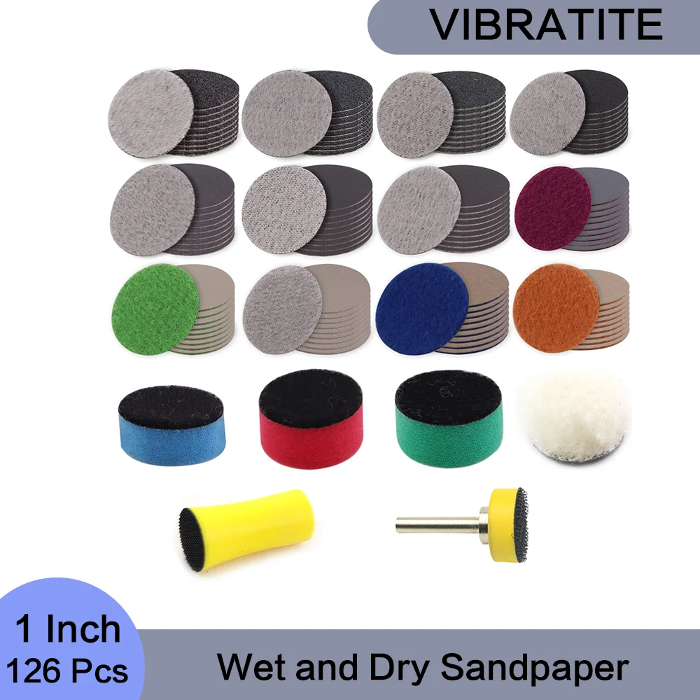 1 Inch Wet and Dry Sandpaper 126 Pcs Hook and Loop with Backing Pads Assorted 60-10000 Grit for Polishing Wood and Metal