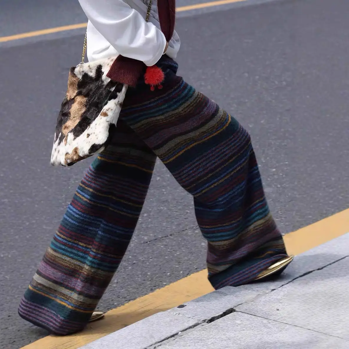 Retro Striped Contrasting Needle Long Leg Pants For Women In Autumn And Winter, New Loose Woolen Casual Fashion Pants
