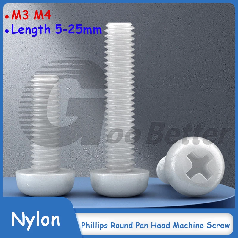 M3 M4 White Phillips Round Head Nylon Plastic Screws PA66 Pan Head Machine Screw Length 5-25mm