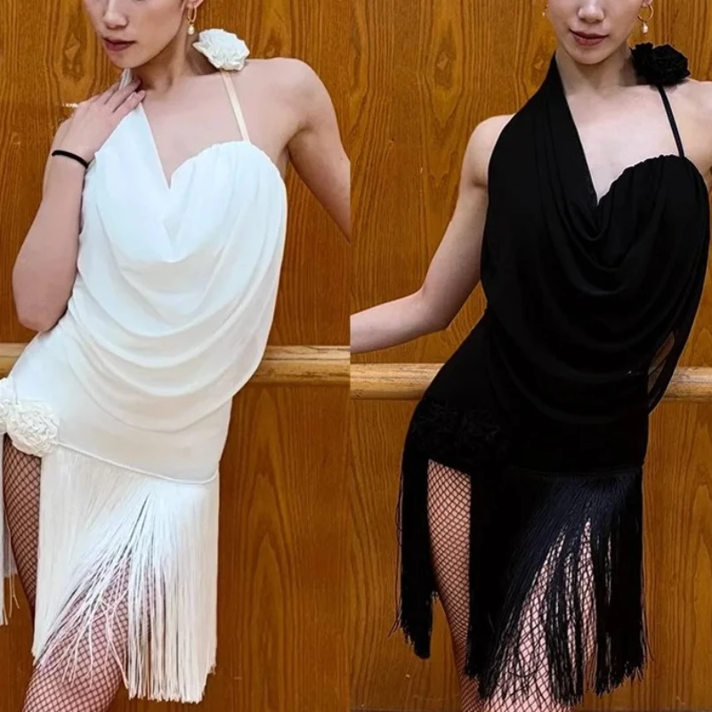 Latin Dance Competition Dress for Women Flower Halter Neck Tops Fringe Dress Samba Cha Cha Clothes White Black Skirt Dancewear
