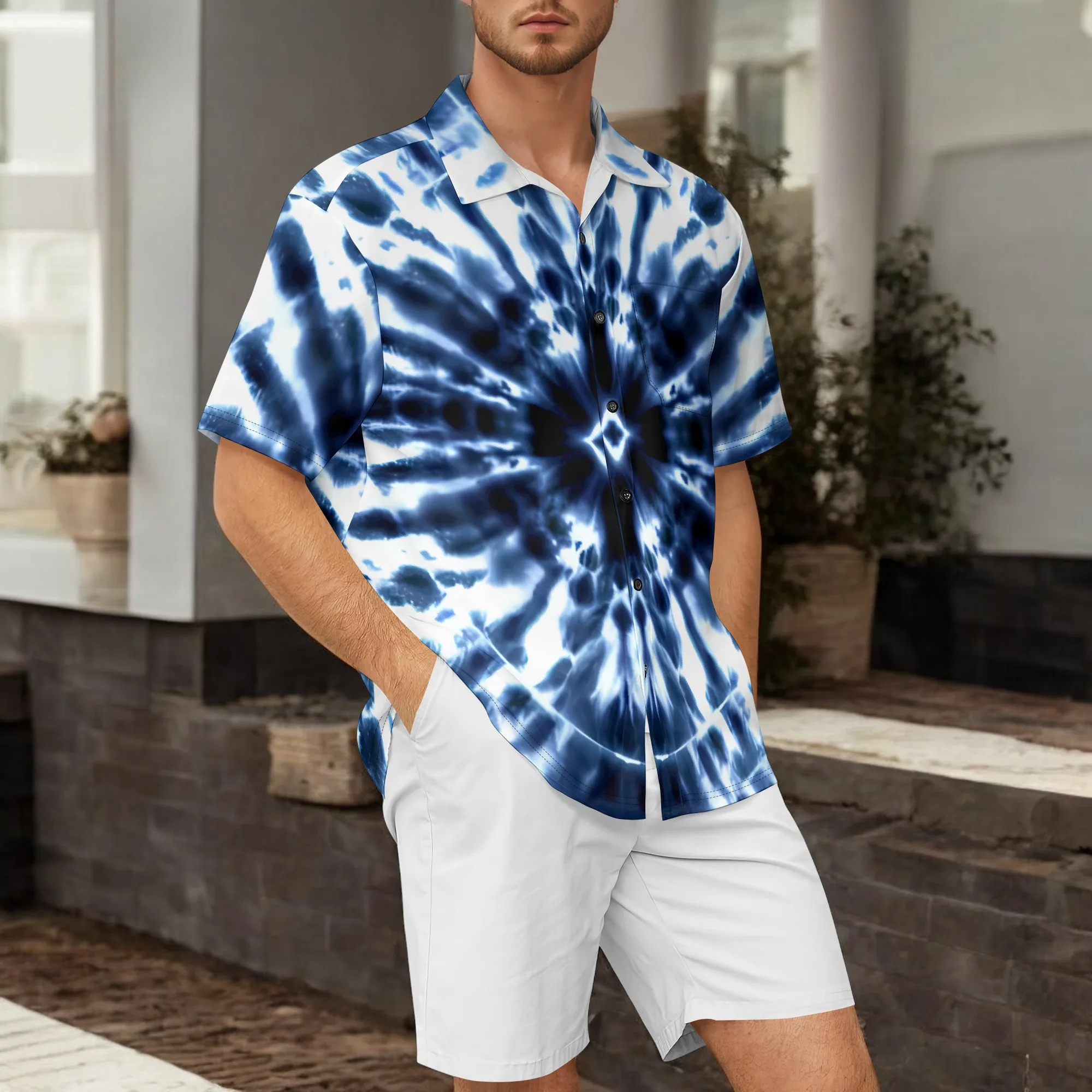 

YEAE Blue Tie Dye Print Shirt for Men Summer Casual Short Sleeve Top
