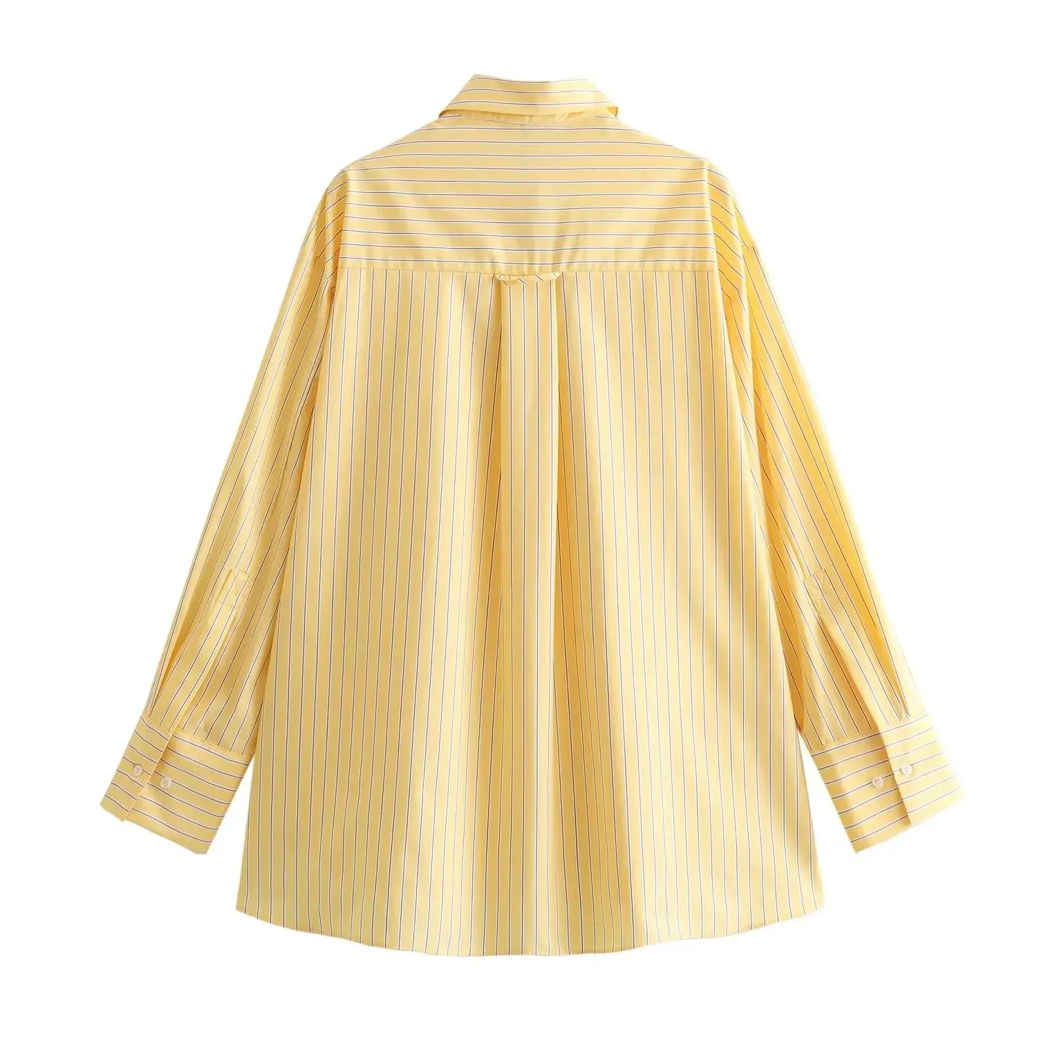 TRAF 2024 Spring New Product Women\'s Casual Loose Lapel Long sleeved Yellow Striped Poplin Single breasted Shirt