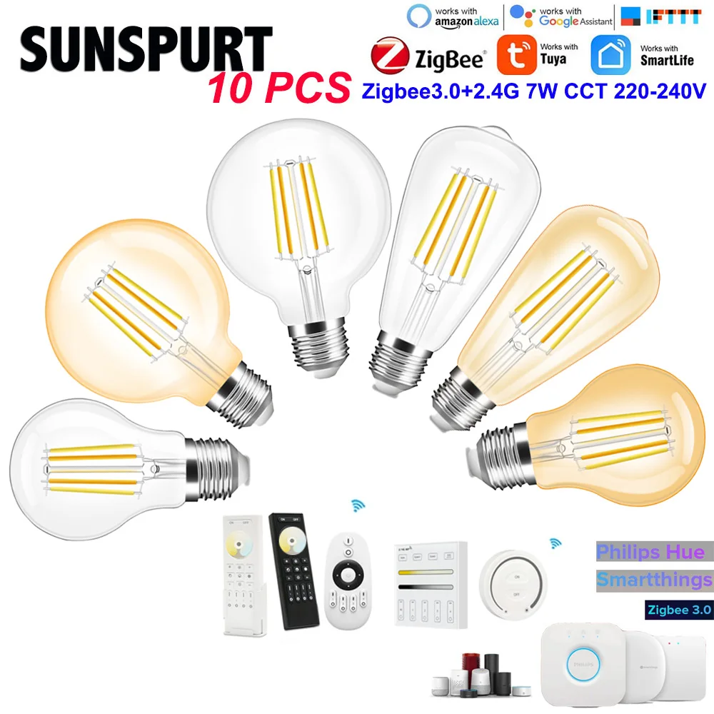 1-10PCS Smart Vintage Style LED Filament Lamp Kitchen Lighting Home Decoration Living Room ST64 A60 G95 7W Pro Zigbee 3.0 RF E27