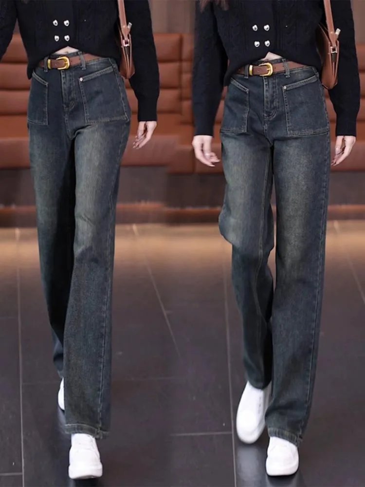 Retro Fce Lined Loose Fit Straight Leg Denim Wide Leg Pants Women's Slimming Trousers High Waist Long Pants Winter Faion