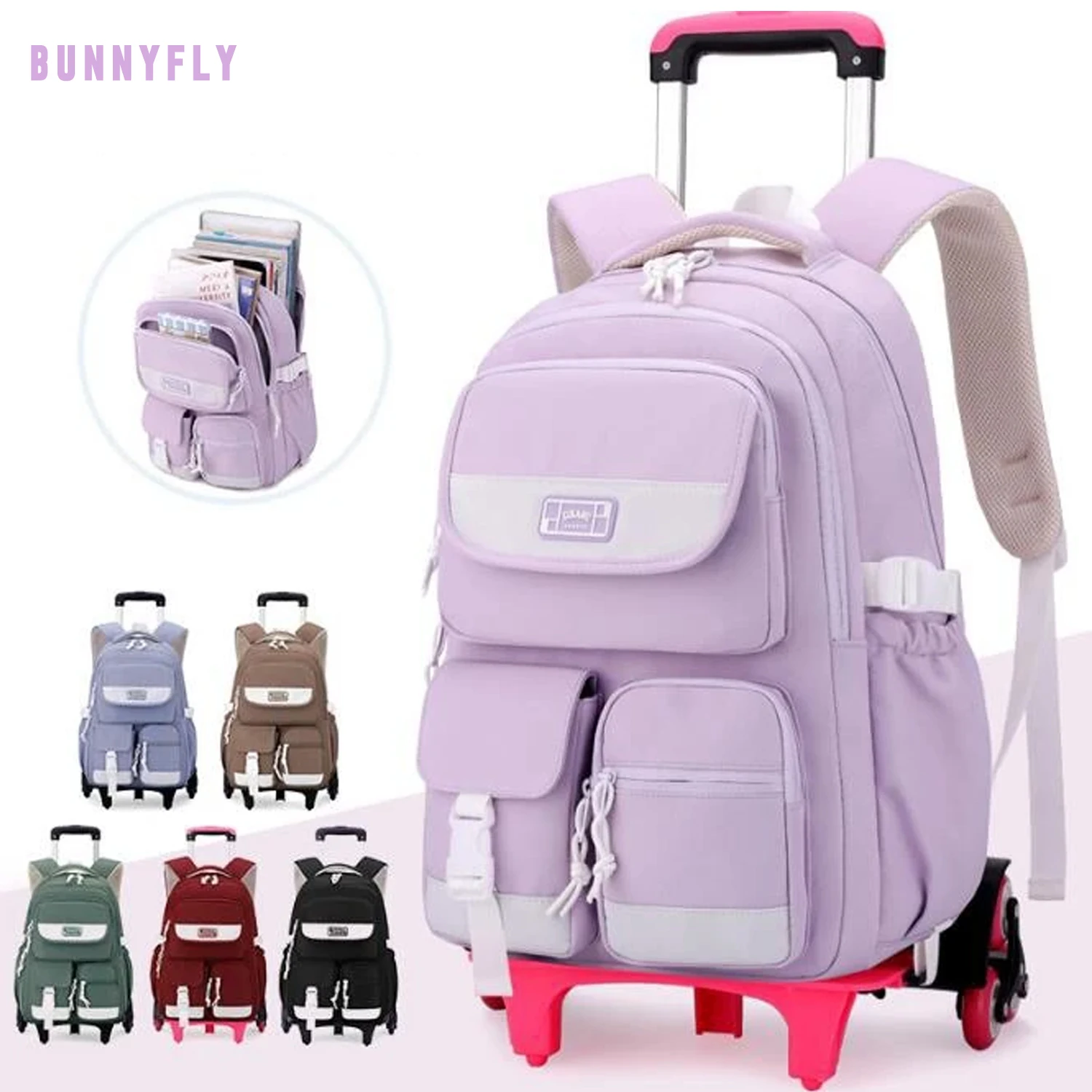 

BUNNYFLY School Bags Rolling Backpack for Girls School Wheeled Backpack Primary School Trolley Bags for Girls Middle Schoolbag