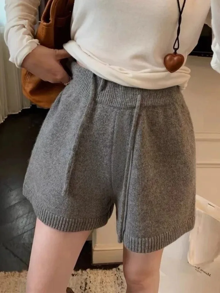 

Новые свободные шерстяные вязаные повседневные шорты с широкими штанинами, брюки трапециевидной формы с высокой талией, осень-зима, женские опорные брюки с эластичной резинкой на талии