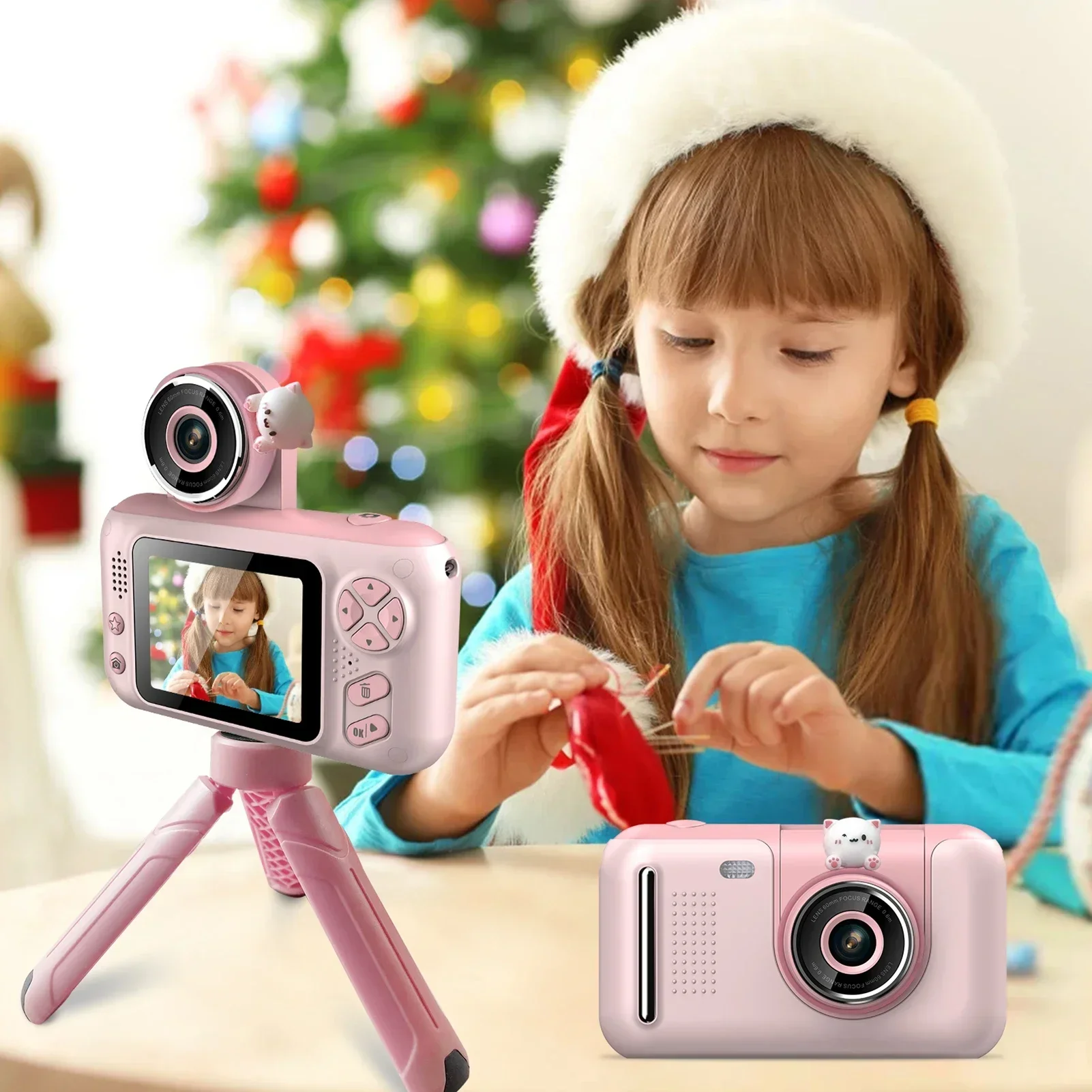 

1080P Kids Digital Camera Rotatable Lens With Neck Strap 32G Card Tripod 40MP 2.4 Inch IPS Screen 180°Birthday Christmas Gift