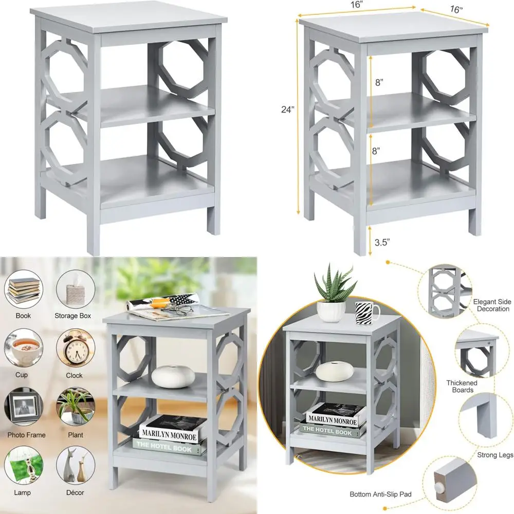 

3-Tier Wooden Nightstand with Storage Shelves, Stable Accent Table for Sofa Side, Bedside, and End Table Use
