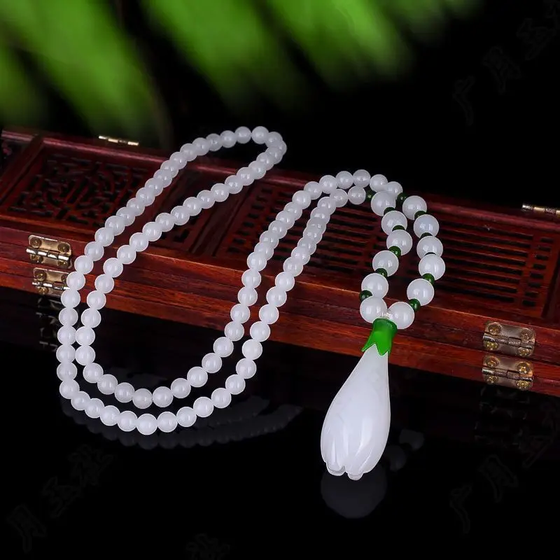 

Natural Nephrite White Jade Flower Necklace Women Genuine Chinese Hetian Jade Orchid Flowe Pendant Sweater Chain Necklaces