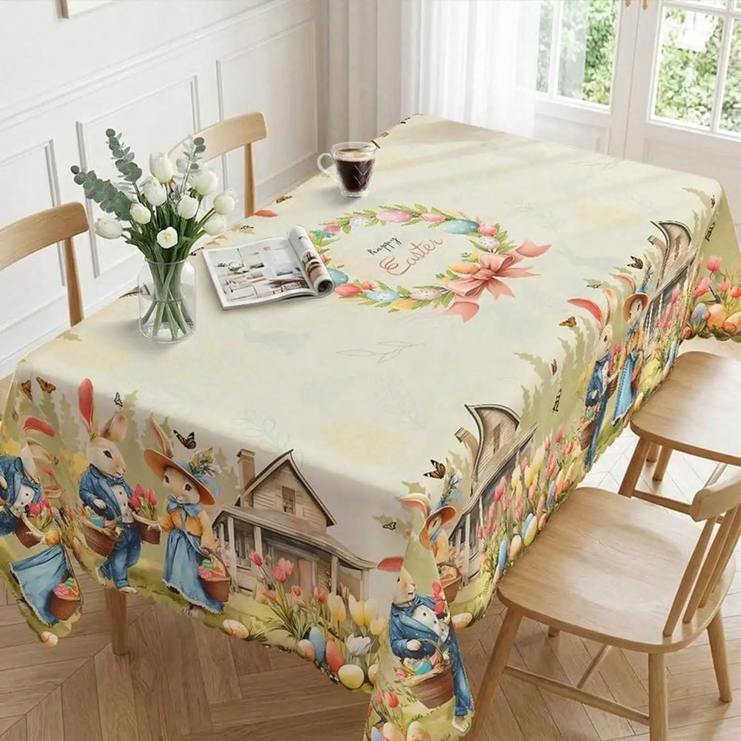 

Hand-Printed Tablecloth - Sea Green Geometric Star Pattern - Pure Cotton, Washable by Hand, Rectangular Shape