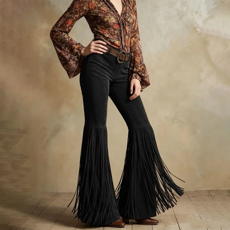 31BF Vintage Fringe Pants for Women High Waist Trousers Club Party Western Stretch Flared Pants