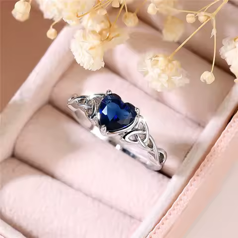 Cute Female Blue Zircon Stone Heart Engagement Ring Silver Color Wedding Jewelry For Women