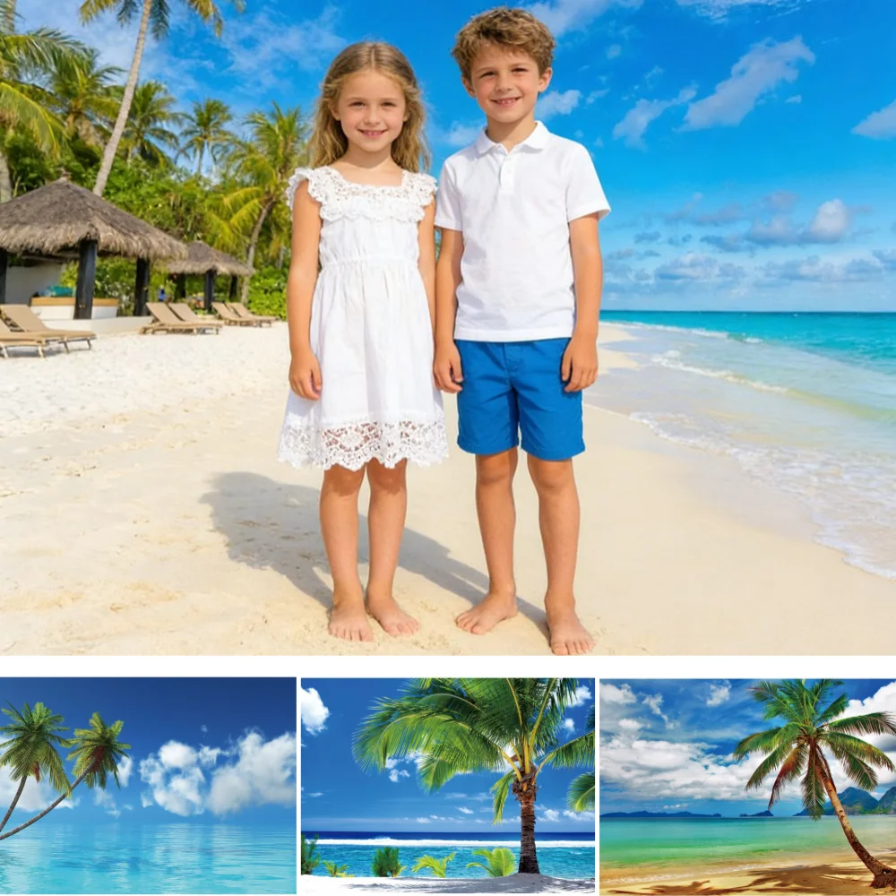 

Summer Beach Seaside Backdrop Blue Sky White Cloud Ocean Tropical Palm Tree Baby Birthday Holiday Party Photography Background