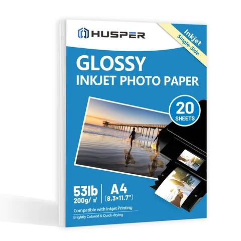 HUSPER A4 크기 20매 단면 광택 인쇄 용지, 200gsm 53lb 광택 인화지/잉크젯 인쇄용 인쇄 용지