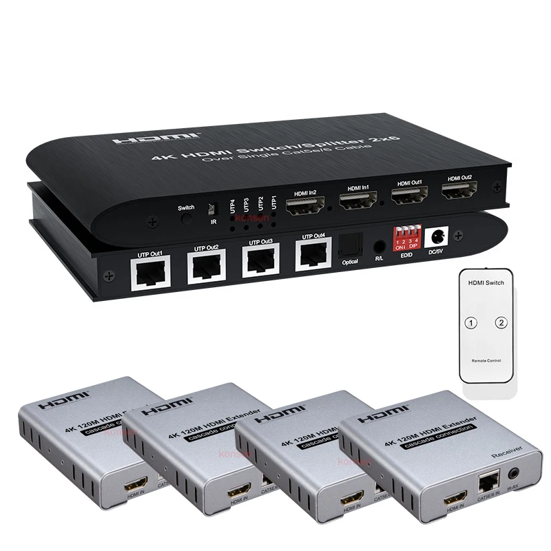 

Удлинитель HDMI 4K, 30 Гц, 100 м, 2x6, переключатель HDMI, разветвитель, расширение Ethernet, передатчик, 2 входа HDMI + 4 канала, порт Ethernet RJ45