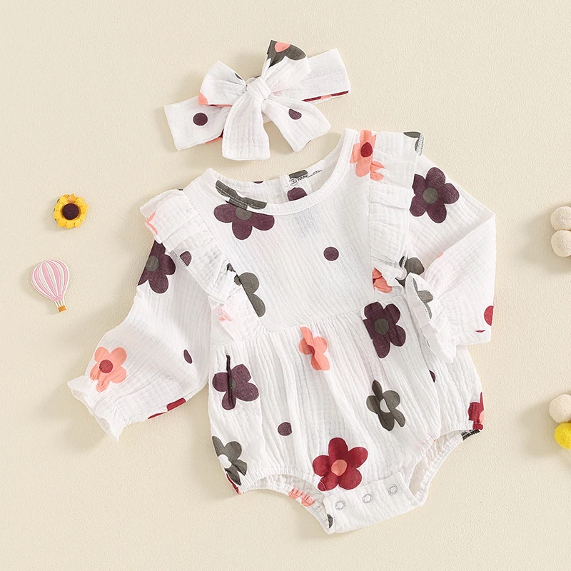 Suefunskry Baby Girl 2 Piece Fall Bodysuit Outfit, Flower Print Ruffle Trim Long Sleeve Romper Tie-Up Headband