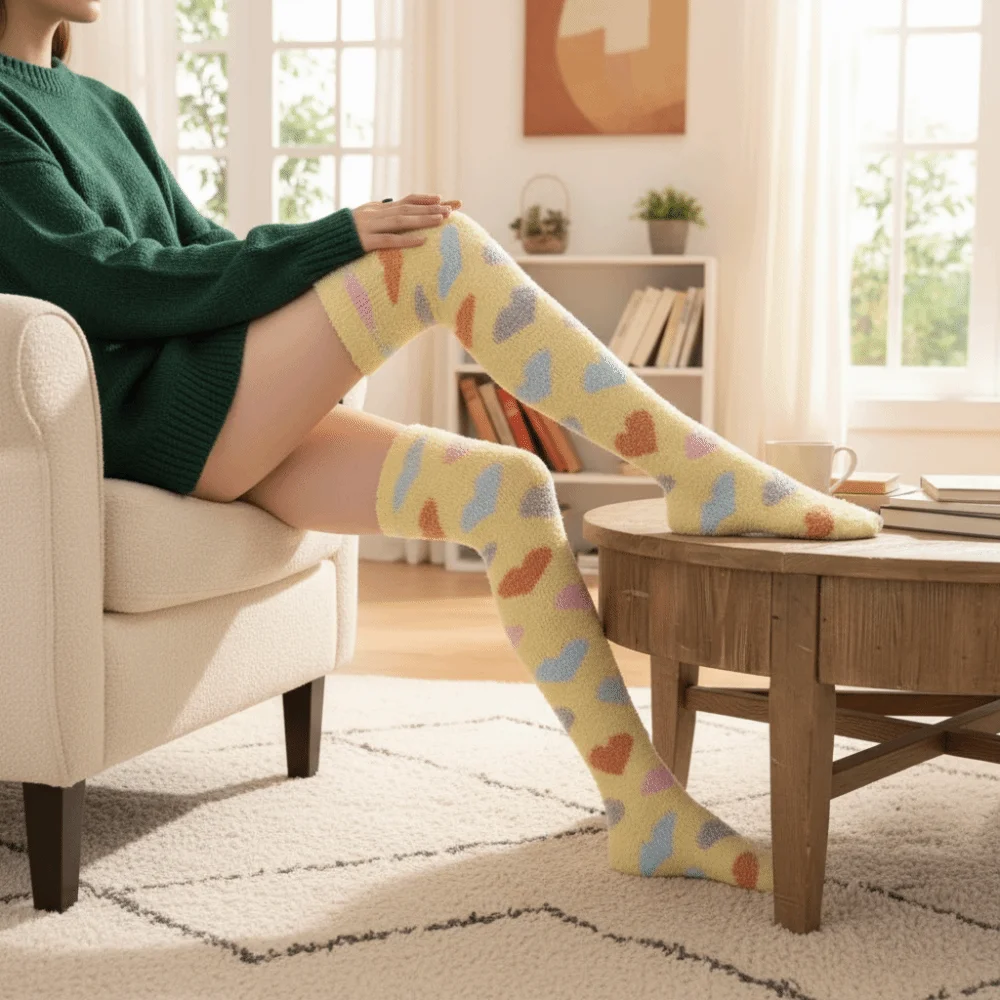 

Comfortable Thicken Warm Coral Fleece Stockings Sleeping Heart Floor Stockings Hosiery Above Knee High Long Tube Socks Autumn