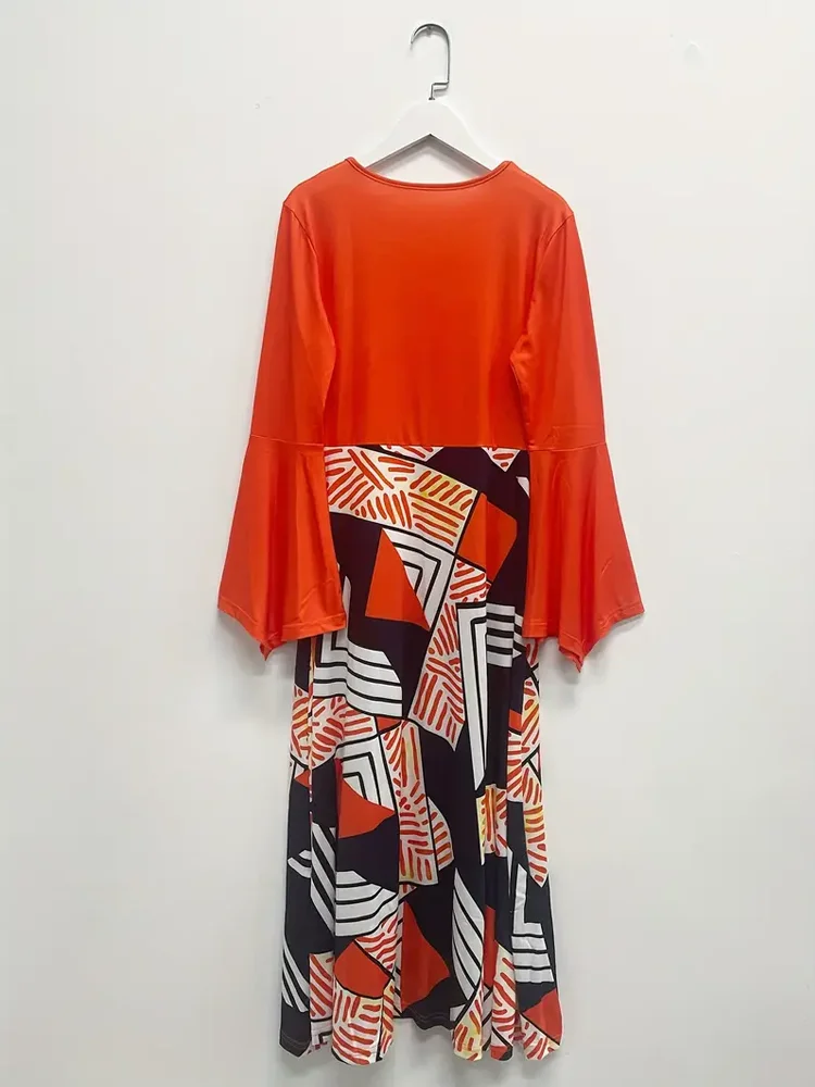 Robe trapèze à manches évasées à imprimé géométrique, robe élégante à col ras du cou et longueur de rinçage, vêtements pour femmes