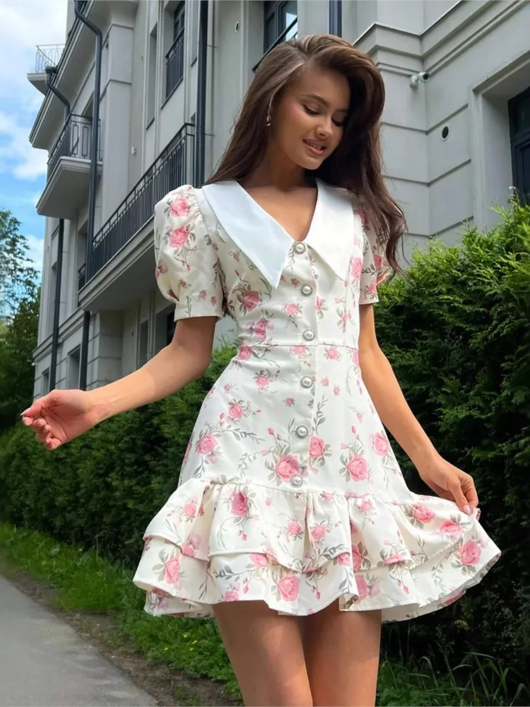 

Chic Flower Puff Sleeve Dress For Women Elegant Wrap Waist V Neck Mini Dress Summer Fashion Lady Lace Up Ruffled Casual Vestidos