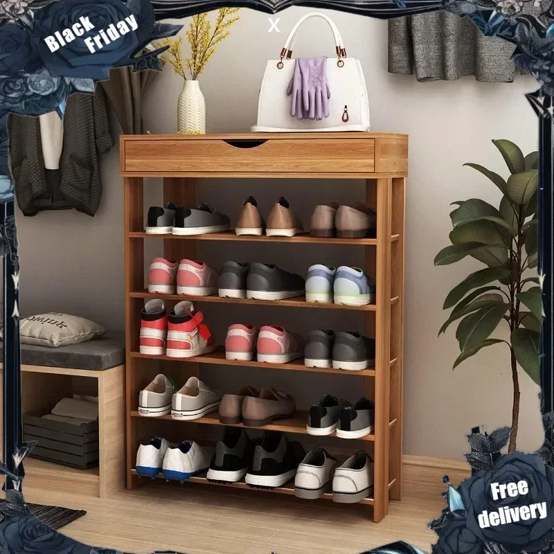 

5-Tier Wooden Shoe Rack with Storage Cabinet, 29.5 inches Vertical Free Standing Shoe Shelf, Shoe Organizer Storage Cabinet