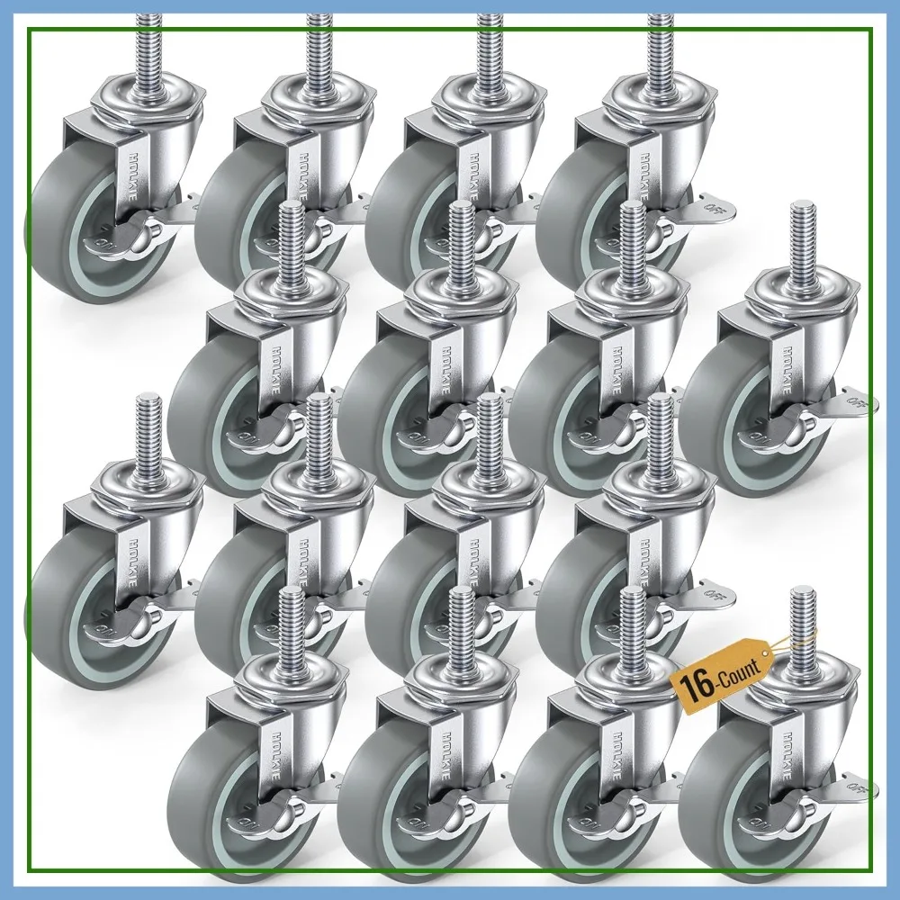 

3 Inch Caster Wheels Set of 16, Locking Casters with Threaded Stem 3/8"-16 x 1-1/2", Heavy Duty Swivel Castors, 330 lbs Capacity