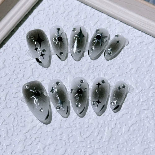 Imagen 2 del producto 10 Uñas Postizas Negras Almendradas Hechas a Mano con Mariposas, Uñas Adhesivas de Rosa, Uñas Falsas, Uñas Postizas, 네일팁