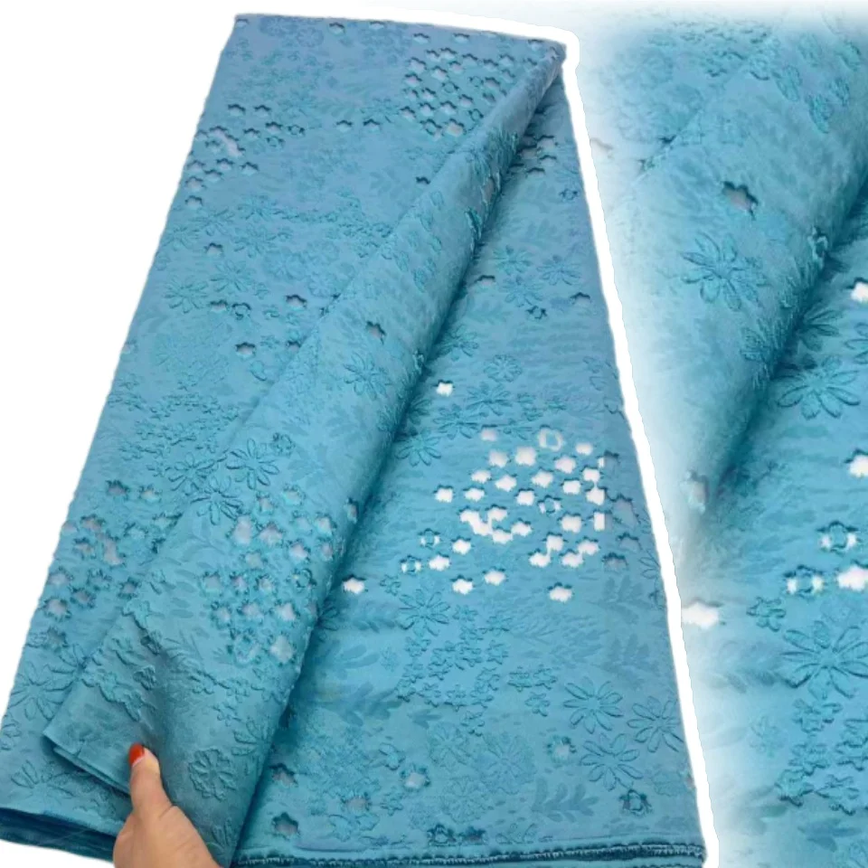 

5 ярдов синей африканской жаккардовой ткани брокат с кружевом, высококачественная нигерийская цветочная дамастовая ткань для свадеб 2026 (2356)
