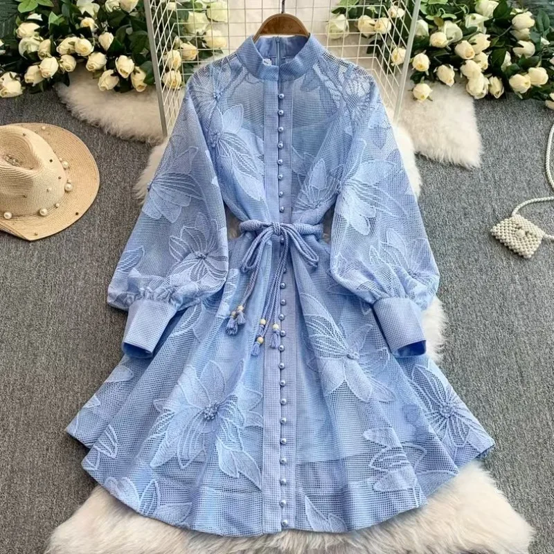 

Summer Lace Embroidery Women's Dress Stand Collar Long Lantern Sleeve Single Breasted Belt Party Dress 2026 French Mini Vestidos