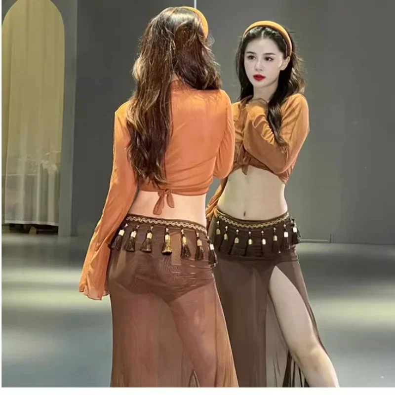 Belly Dancing Training Clothing for Women\'s Long Sleeved Mesh Top+Split Long Skirt Oriental Dance Professional Practice Clothes