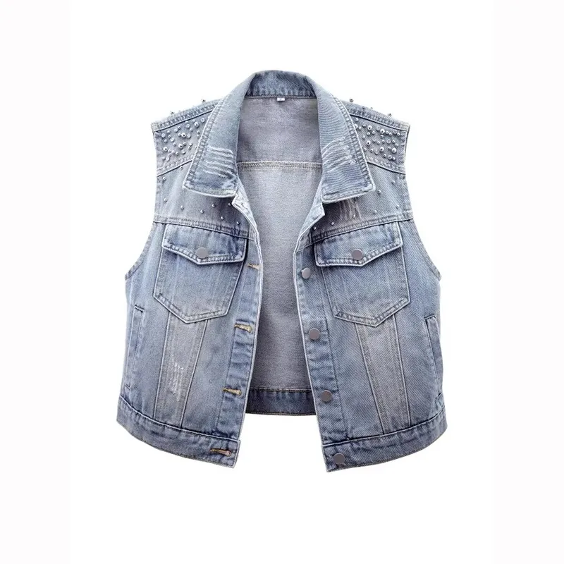 2026 Summer New Beaded Diamond Frayed Light Blue Slim Short Denim Vest Women Fashion Lapel Sleeveless Cowboy Waistcoat Female