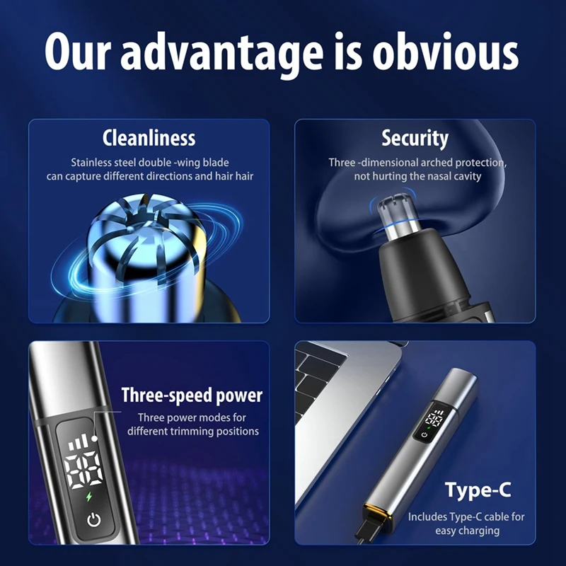 ماكينة تشذيب شعر الأنف للرجال ماكينة تشذيب شعر الأنف والأذن قابلة لإعادة الشحن عبر USB مع شاشة LCD أداة تشذيب احترافية متينة -B