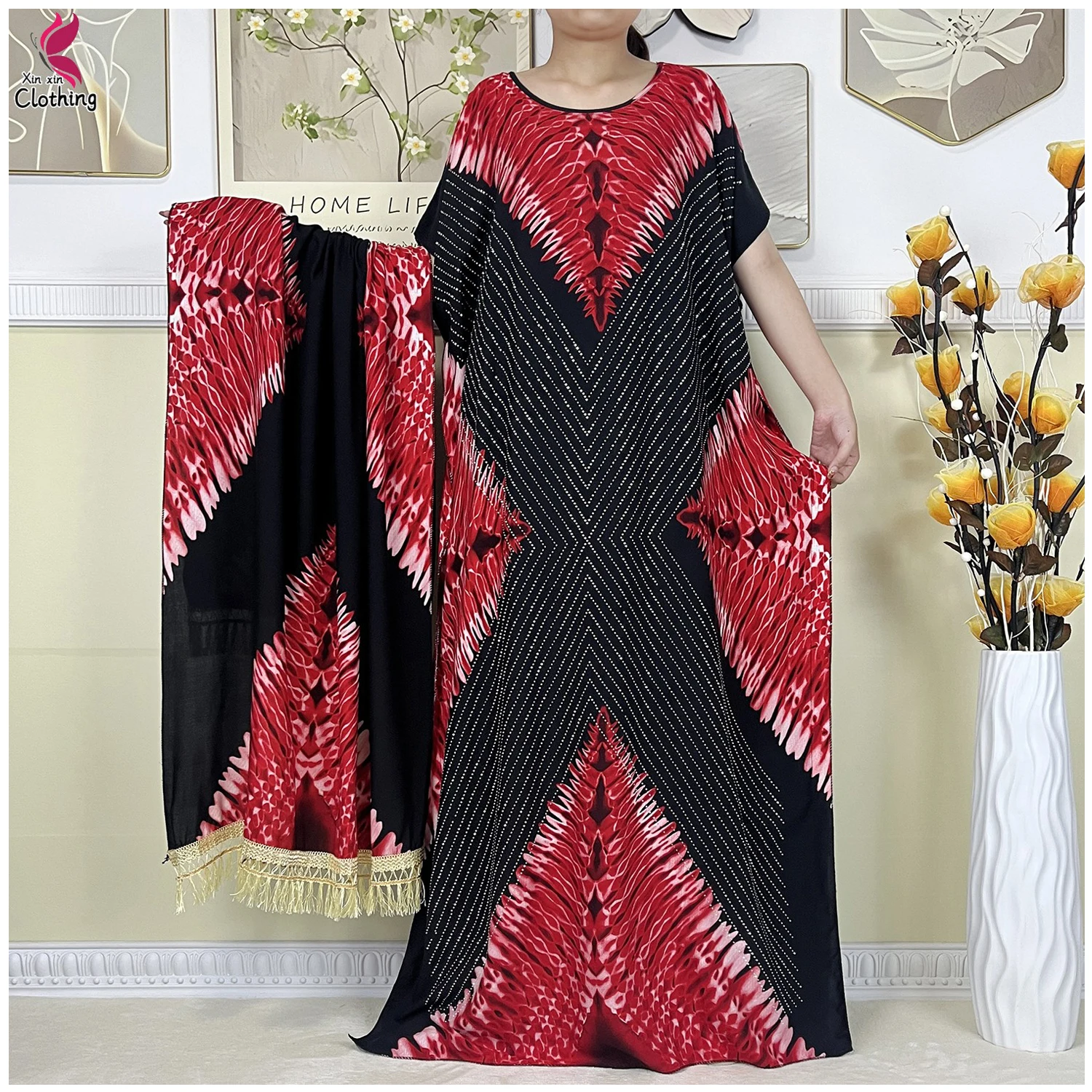 2024 New Dubai Muslim Suit Pure Cotton Dress African Women Dashiki Loose Robe Lady Maxi Summer Short Sleeve Dress With Big Scarf