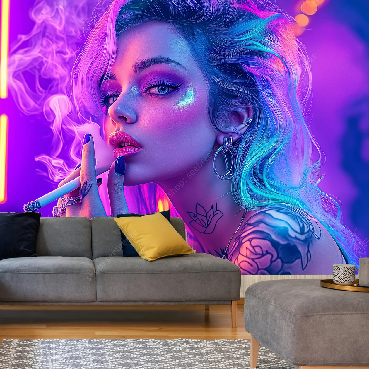 Vibrant Artistic Woman Tattoo Skull Smoke Tapestry Wall Art Modern Bohemian Home Decor Psychedelic Bedroom Studio Aesthetic