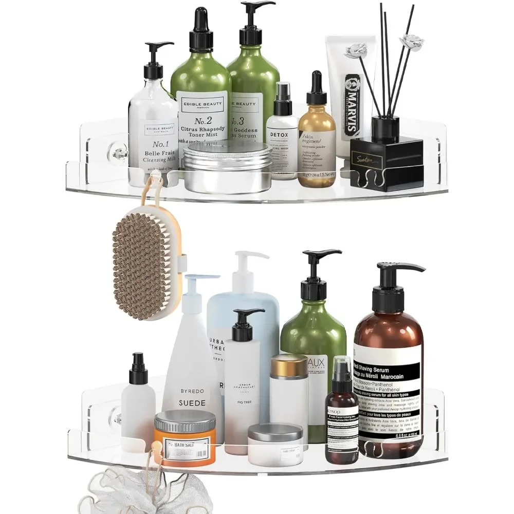 

2 упаковки акриловой угловой душевой кабины, прозрачная угловая полка для душа с 4 крючками, клейкая настенная полка для душа в ванной комнате