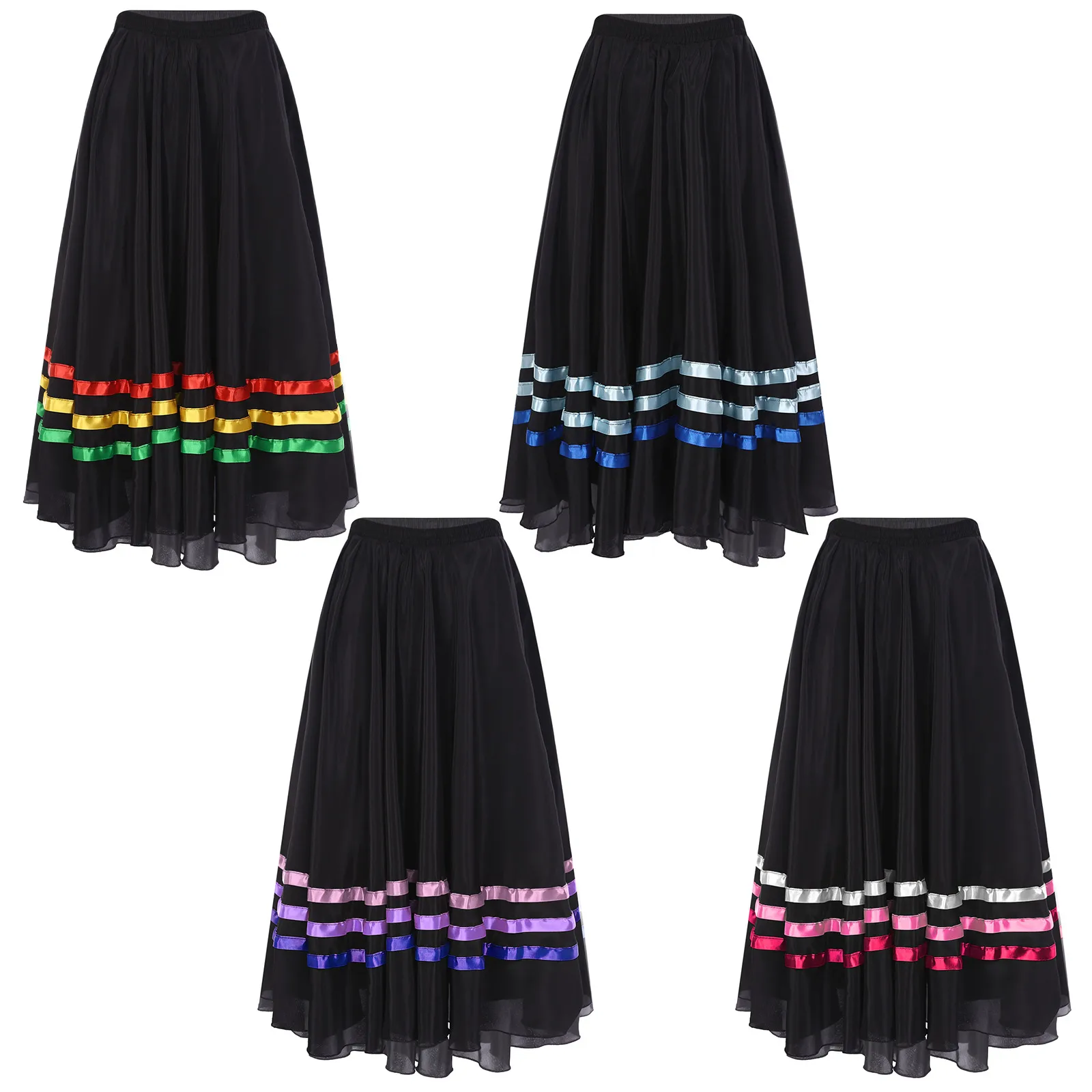 Jupes de flamenco de danse de salon lyrique pour femmes, taille haute, ceinture élastique, ourlet rayé, jupe à volants, bas de vêtements de danse espagnols