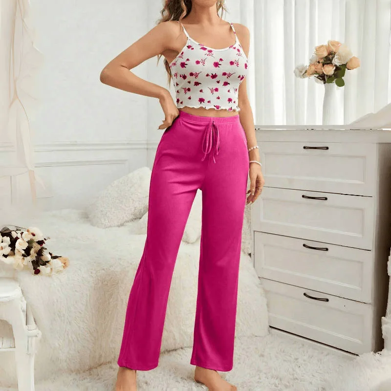 Women's Home Wear Summer Floral Suspender Trousers Casual Comfortable Pajamas Set Pijamas Women