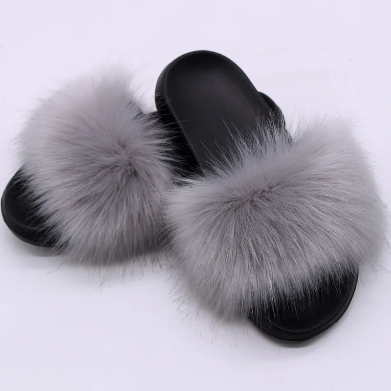 Damen Kunstfell-Slipper Flauschige Offene Pantoffeln für Drinnen und Draußen Lässige Flache Sandalen Luxuriöse Pelzige Slides für Damen – Detail 3
