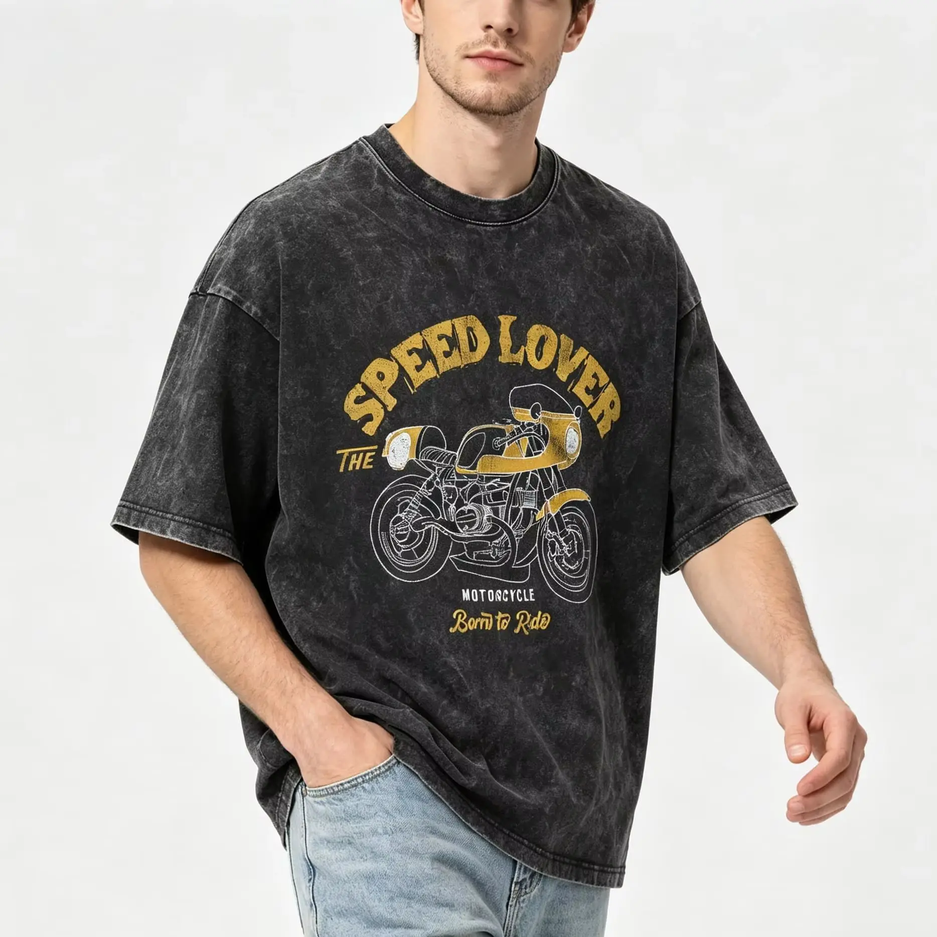 Vintage Motor Cycle Theme Graphic Streetwear Oversized Women's Tshirt Unisex Tee Top Men's Cotton Short Sleeve Washed T Shirt