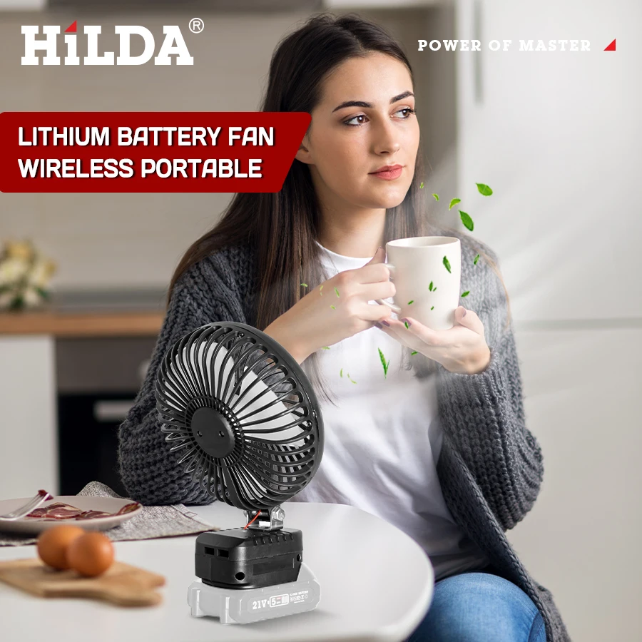 هيلدا مروحة كهربائية ليثيوم سوداء تناسب ماكيتا 21 فولت، شفرة مروحة كبيرة 90 °   تعديل درجة مروحة هادئة محمولة مروحة رياح قوية