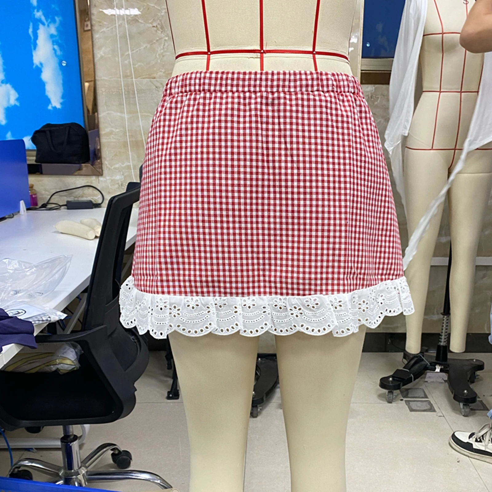 

Women Plaid Mini Skirt Lace Trim Low Elastic Waist A-Line Short Skirt For Beach Vacation Summer Party Daily Wear Streetwear