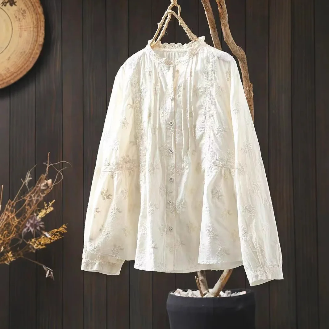 2025 Spring clothes woman boho chic clothes cotton stand collar white beige flower embroidery shirts and blouses