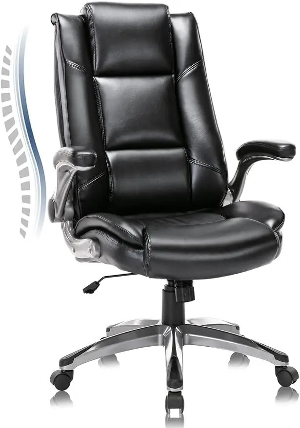 

Leather Executive Office Chair- High Back Home Computer Desk Chair with Padded Flip-up Arms Adjustable Tilt Lock