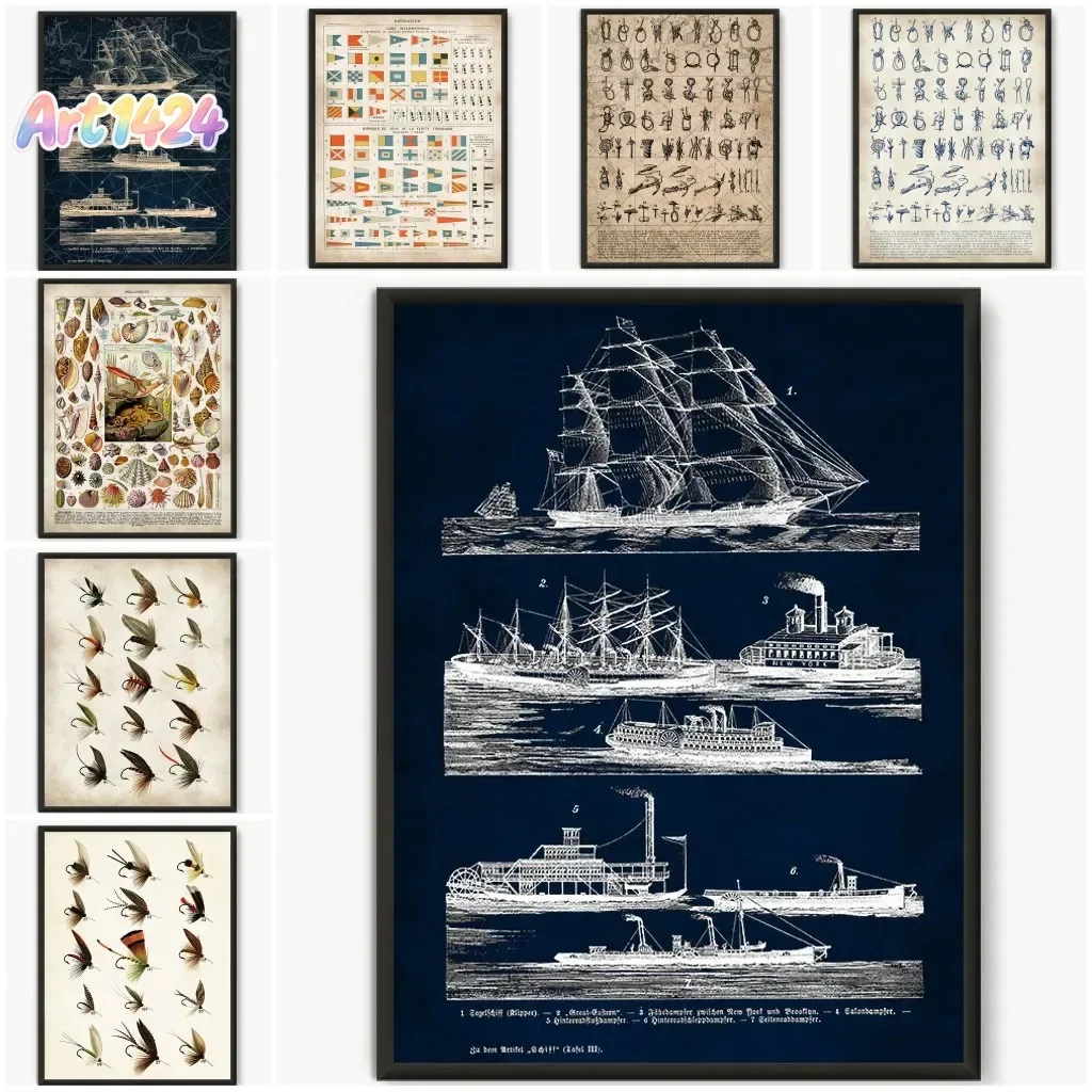 Vintage Nautical Wall Art Canvas Poster Navigation Sailor Knots Flags Seashel Fishhook Print Cabin Living Room Home Decoratio