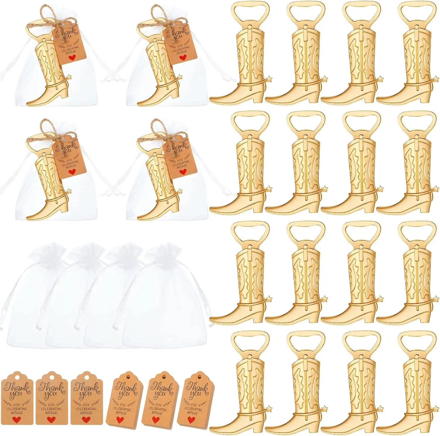 99 Pcs Cowboy Boot Bottle Opener Set Cowgirl Western DerbyCowboy Beer Bottle Opener Organza Bag Thank You Tag and Jute Rope