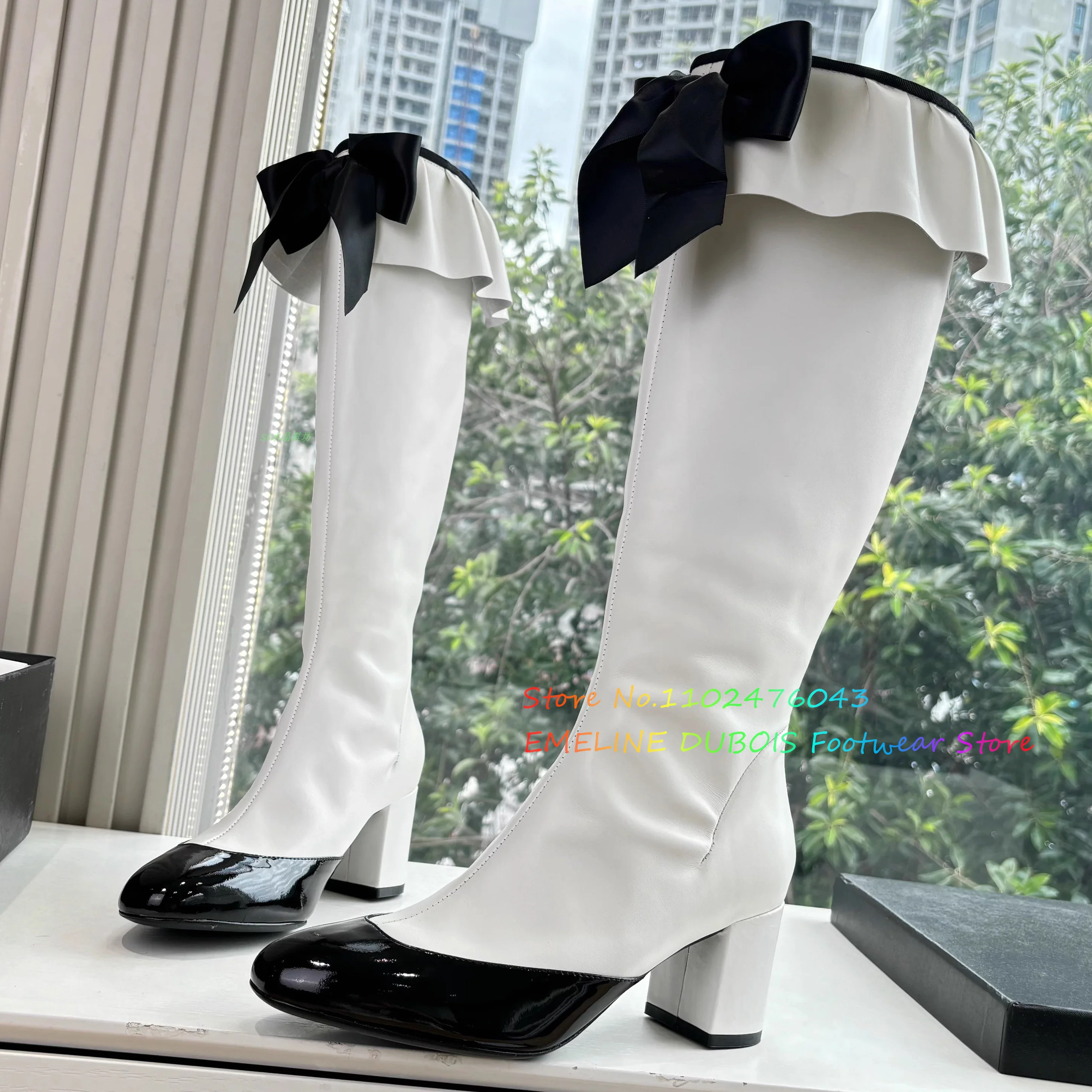 

Black Leather Satin Bow Knee High Boot Women Round Toe Patchwork Chunky Heel Back Zipper Slim Elegant Ladies Long Booties