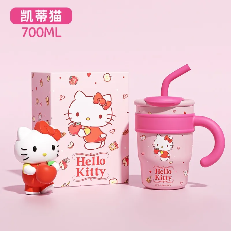 

700 мл Sanrio, Hello Kitty Cinnamoroll, термос, кружка, соломенная чашка с ручкой, мультяшная большая емкость, кружка для воды из нержавеющей стали, подарок