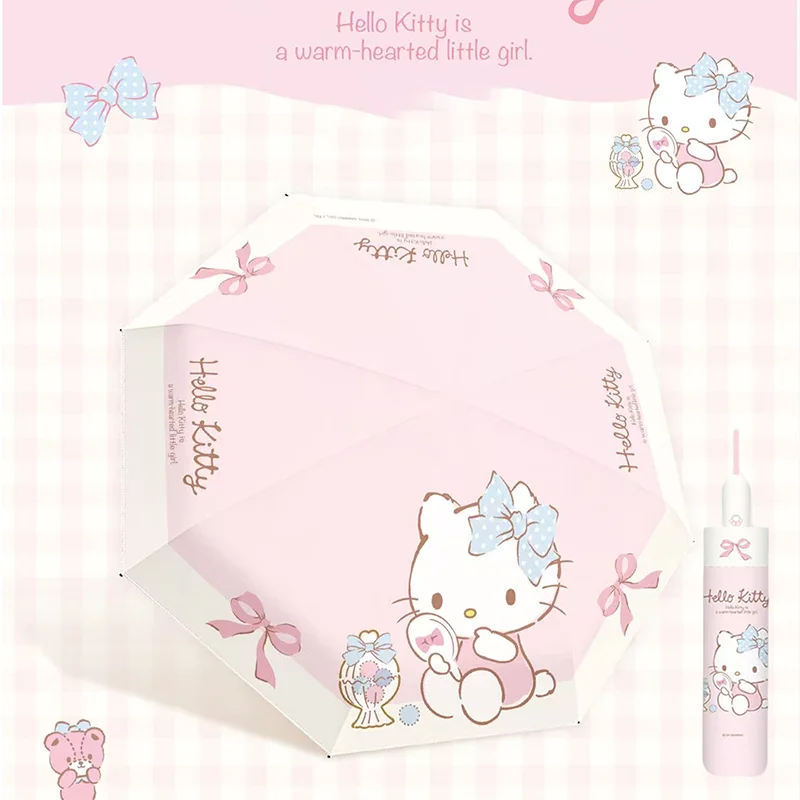 Official Sanrio Hello Kitty Folding Umbrella Black Coating Cute Pink Grid Print Auto Open Close Sun Rain Dual Use Portable Girls view 3