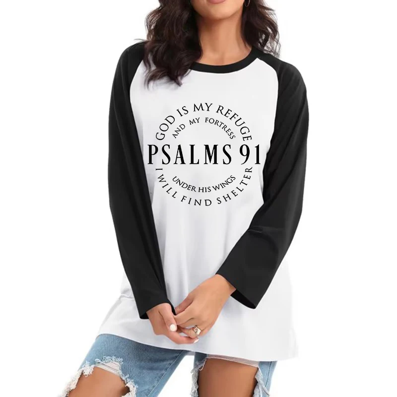 

Женская вдохновляющая футболка с длинным рукавом Psalms 91, повседневная женская футболка с круглым вырезом, всесезонные футболки с графическим рисунком, топы, одежда