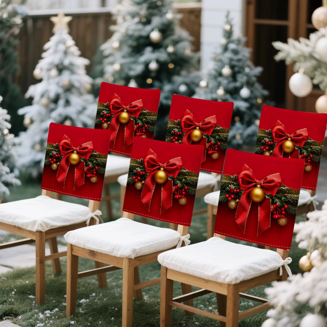

Красный, золотой, рождественский чехол для стула с бантом, набор чехлов из 2/4/6, 100% полиэстер, защитный чехол для столовой, офисного банкетного стула